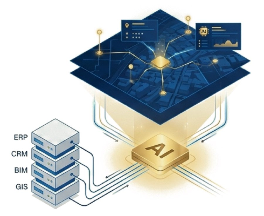 Separate enterprise systems feeding one AI layer that drives a live spatial model.