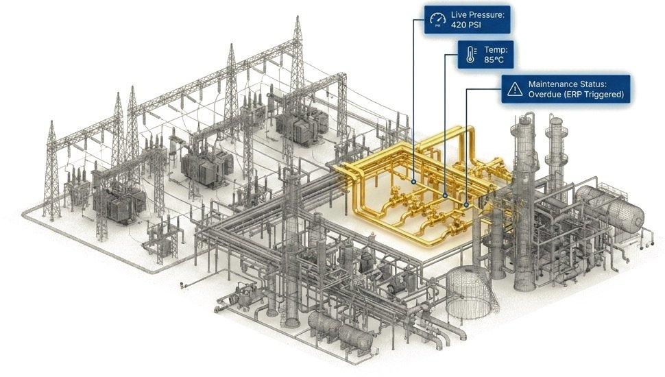 An industrial plant model with one pipe section highlighted in gold and its live pressure, temperature and maintenance status attached.