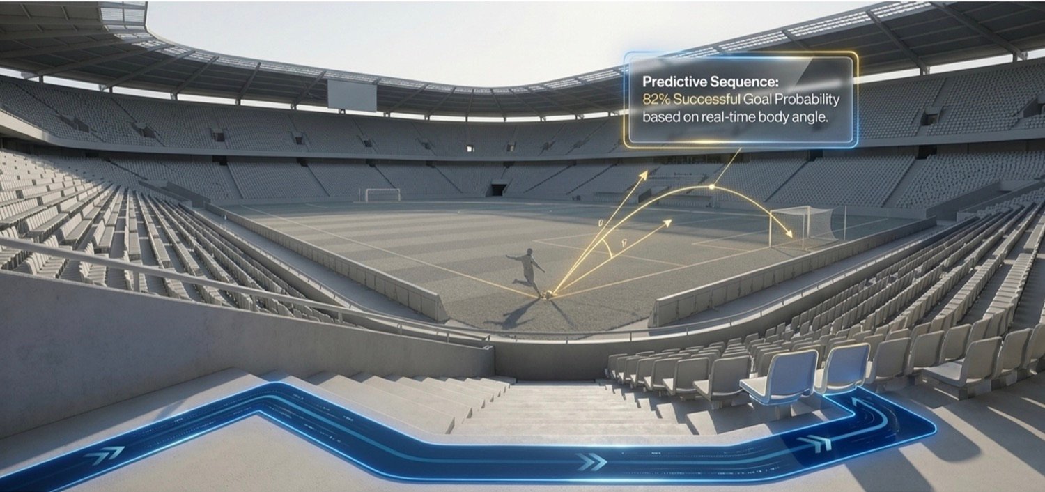 A stadium bowl with a wayfinding path along the stands and a play prediction overlaid on the pitch.