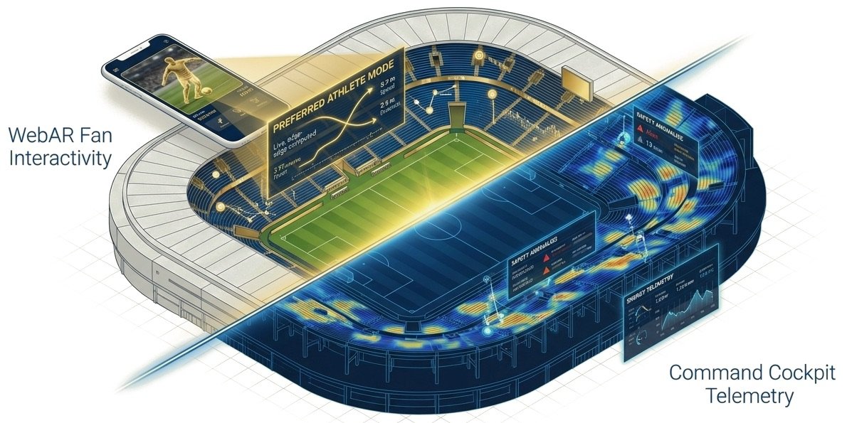 A stadium shown as one model: the left half as the fan's phone experience, the right half as the operator's crowd and safety view.